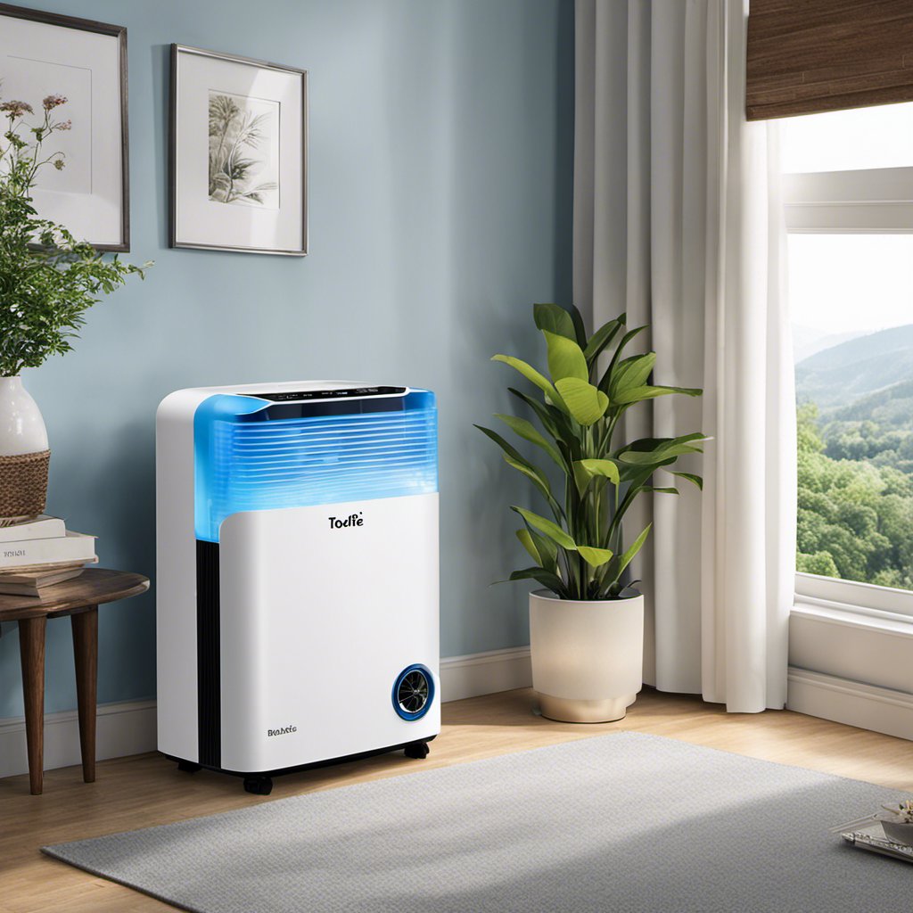 An image showcasing a compact yet powerful ToLife Dehumidifier in action: a serene bedroom with moisture absorbed from the air, as the device silently operates nearby, emitting a soft blue glow