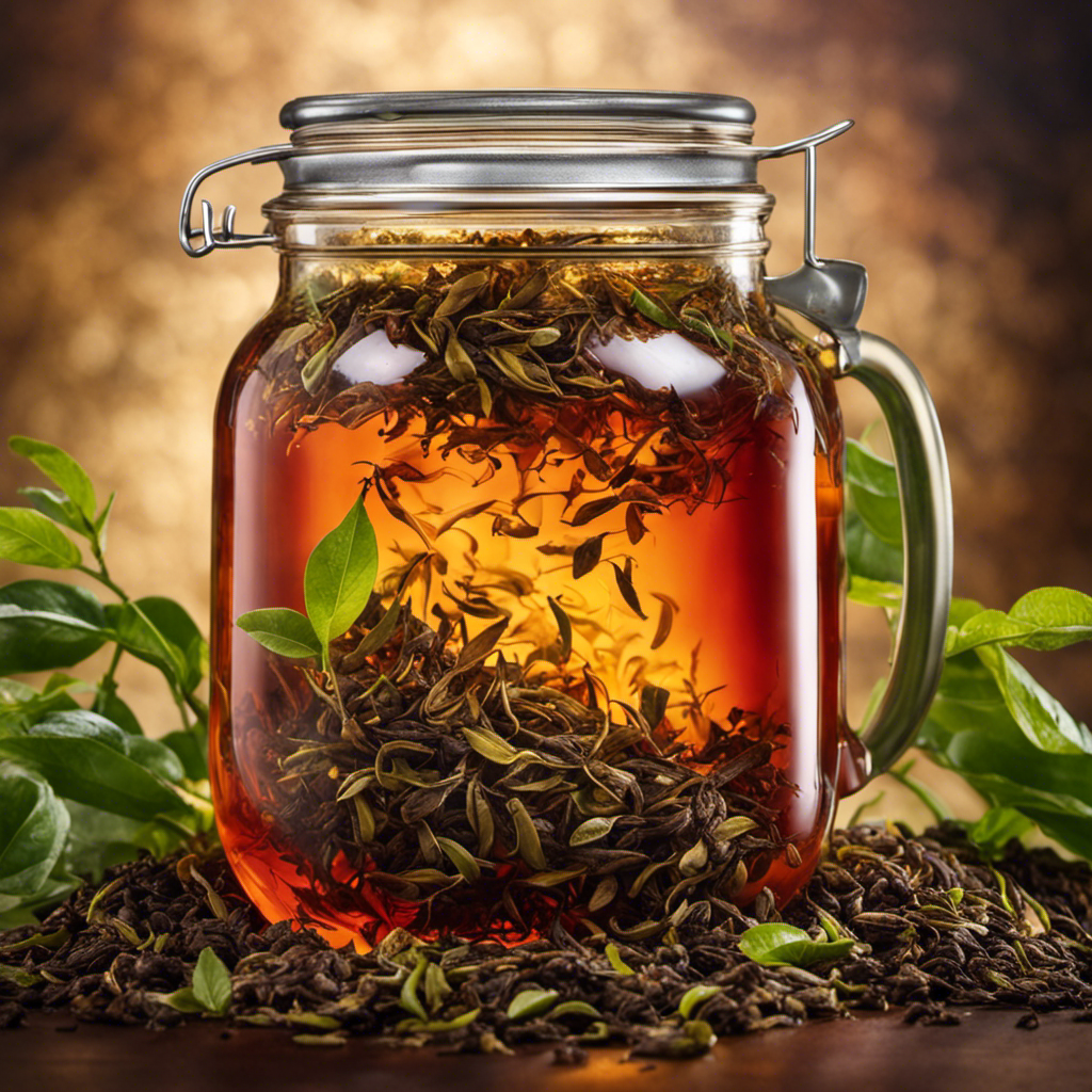 An image capturing a glass jar overflowing with tea leaves, cascading down its sides as steam rises from the brimming liquid