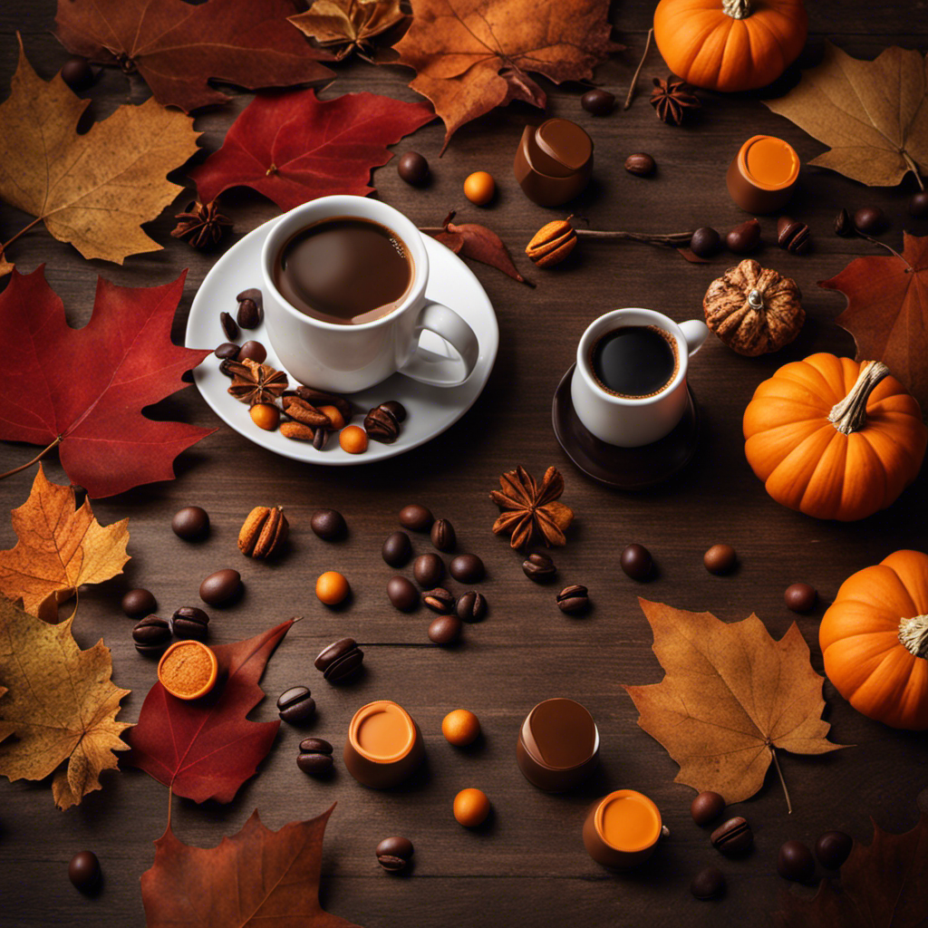 An image showcasing a cozy autumn scene with a rustic wooden table adorned with 10 vibrant Nespresso Pumpkin Spice Limited Edition capsules, each with uniquely designed sleeves, surrounded by fallen leaves and a steaming cup of espresso
