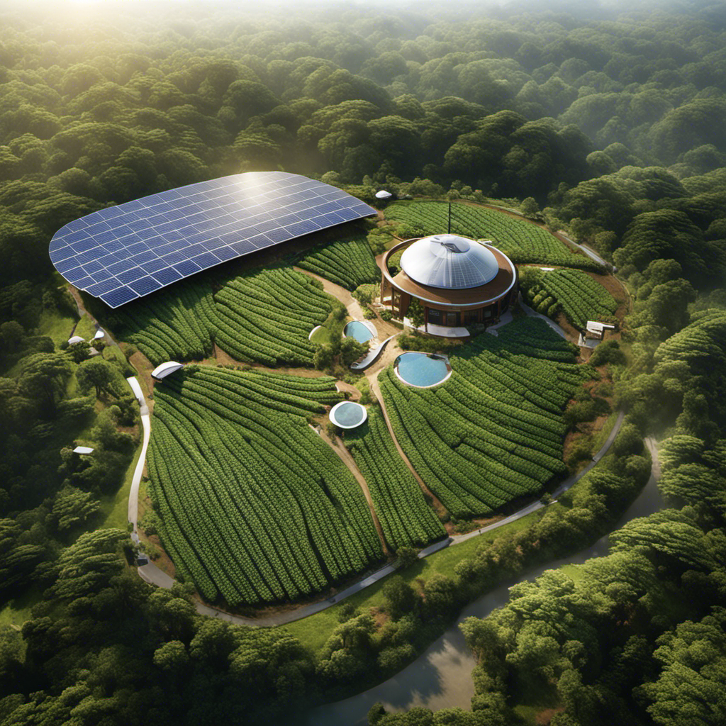 An image featuring an aerial view of a lush, green coffee farm surrounded by solar panels, wind turbines, and rainwater harvesting systems