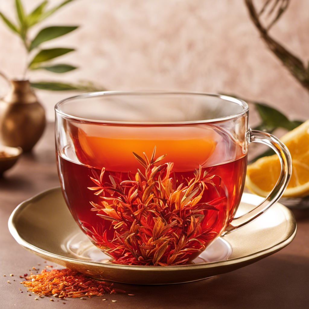 An image showcasing a vibrant teacup filled with rich, ruby-red Rooibos tea, emitting a steam that intertwines with refreshing citrus slices