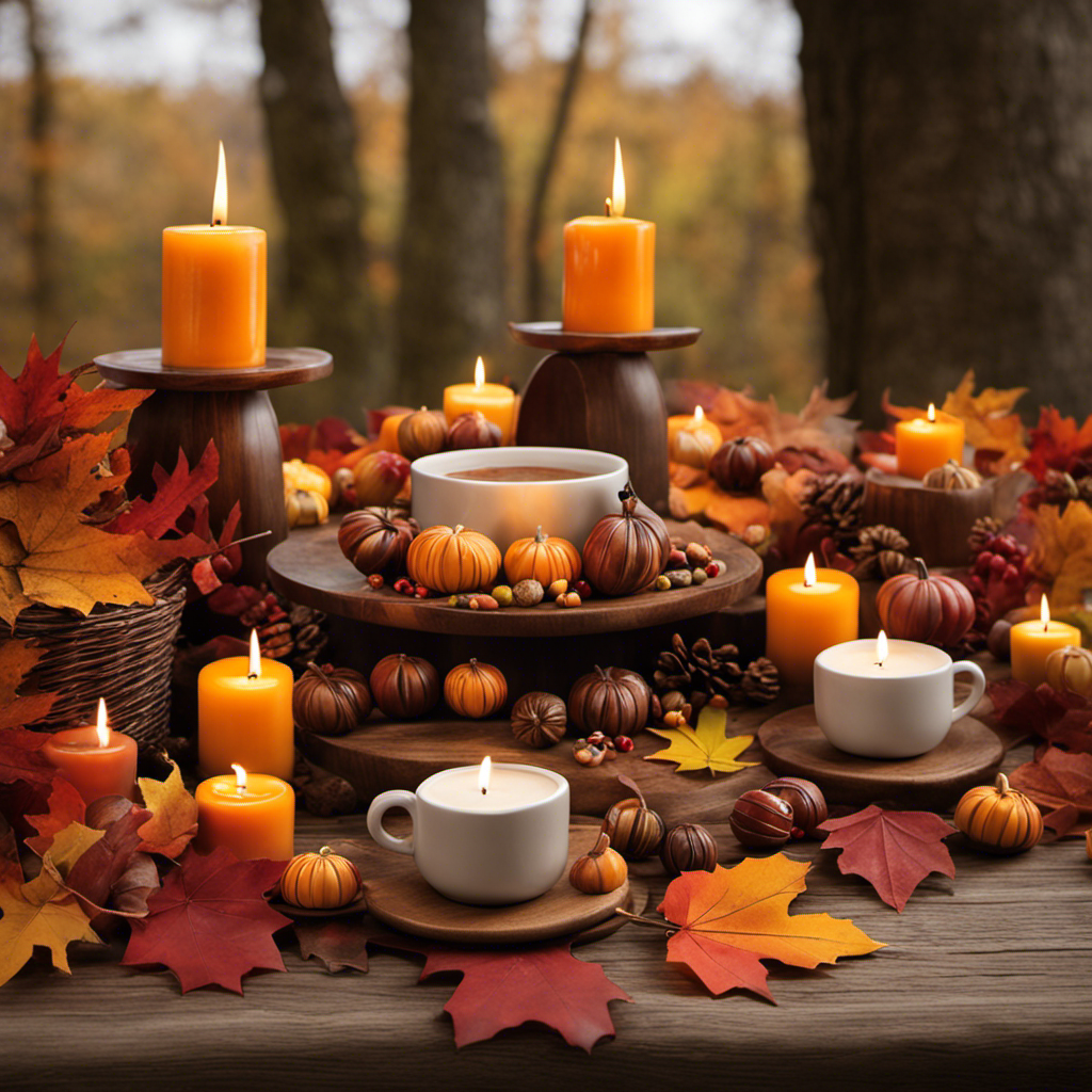 An image capturing a cozy autumn scene with a rustic wooden table adorned with ten Nespresso cups, each filled with a unique fall flavor