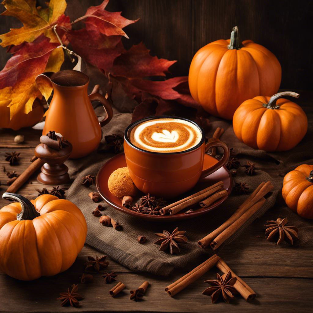 An image showcasing a vibrant autumn scene, with a cozy cup of Nespresso Pumpkin Spice blend steaming on a wooden table