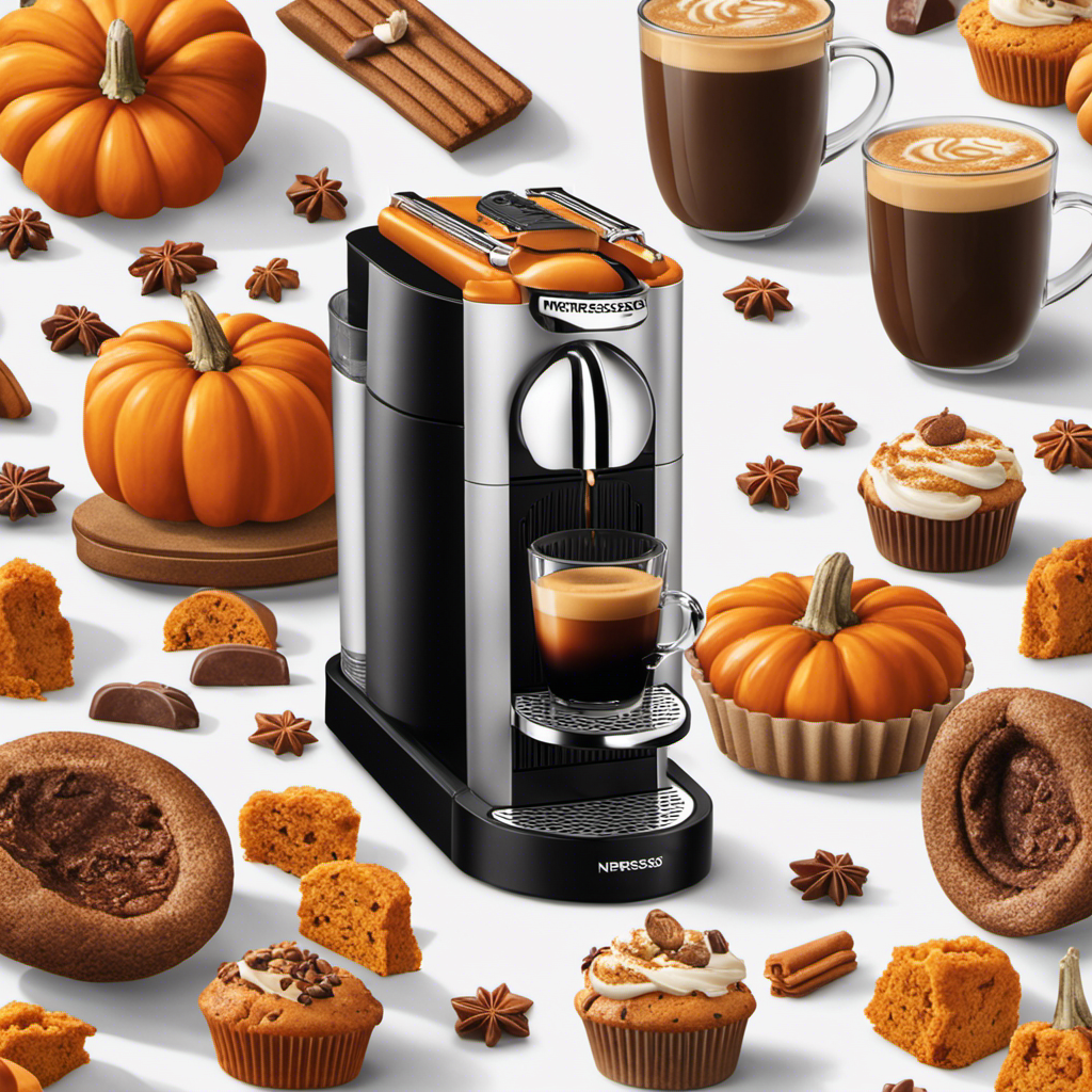 An image showcasing a cozy autumn scene, with a stylish Nespresso machine surrounded by pumpkin spice-infused treats like pumpkin pie, spiced muffins, pumpkin spice latte, and chocolate-dipped pumpkin biscotti