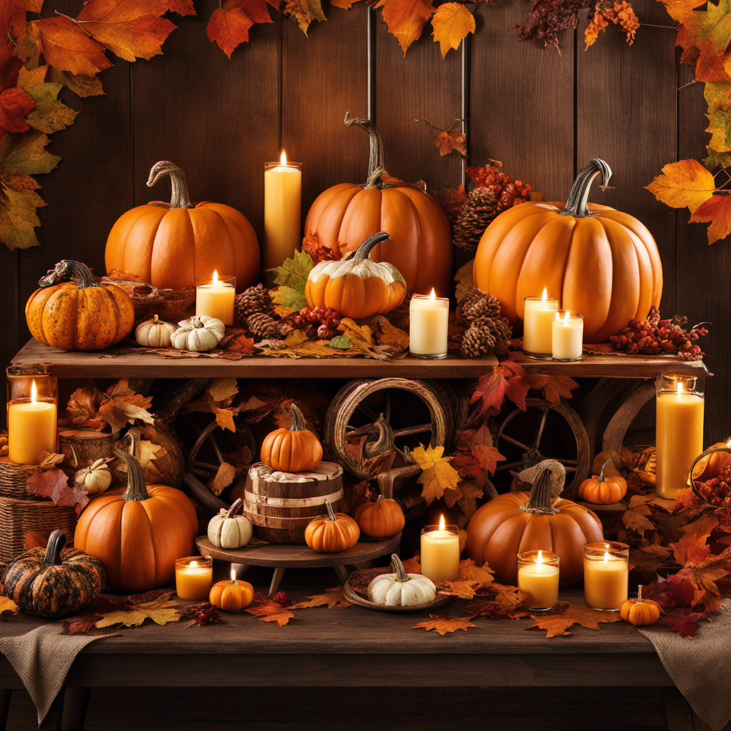 An image showcasing a vibrant autumnal scene with a wooden table adorned with ten unique pumpkin brews