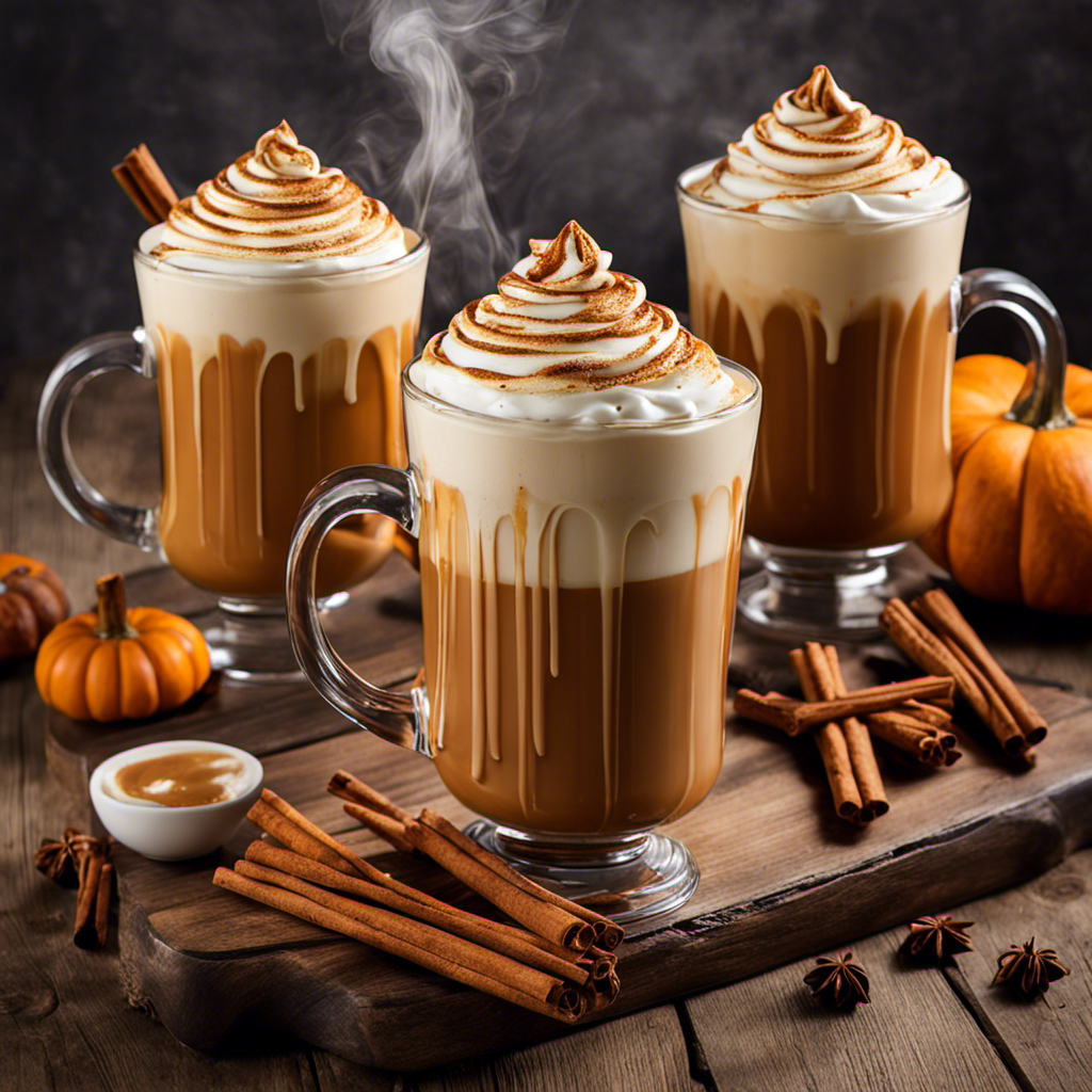 An image showcasing a rustic wooden table adorned with ten steaming mugs of pumpkin latte, each uniquely garnished with indulgent swirls of whipped cream, fragrant cinnamon sticks, and delicate caramel drizzles