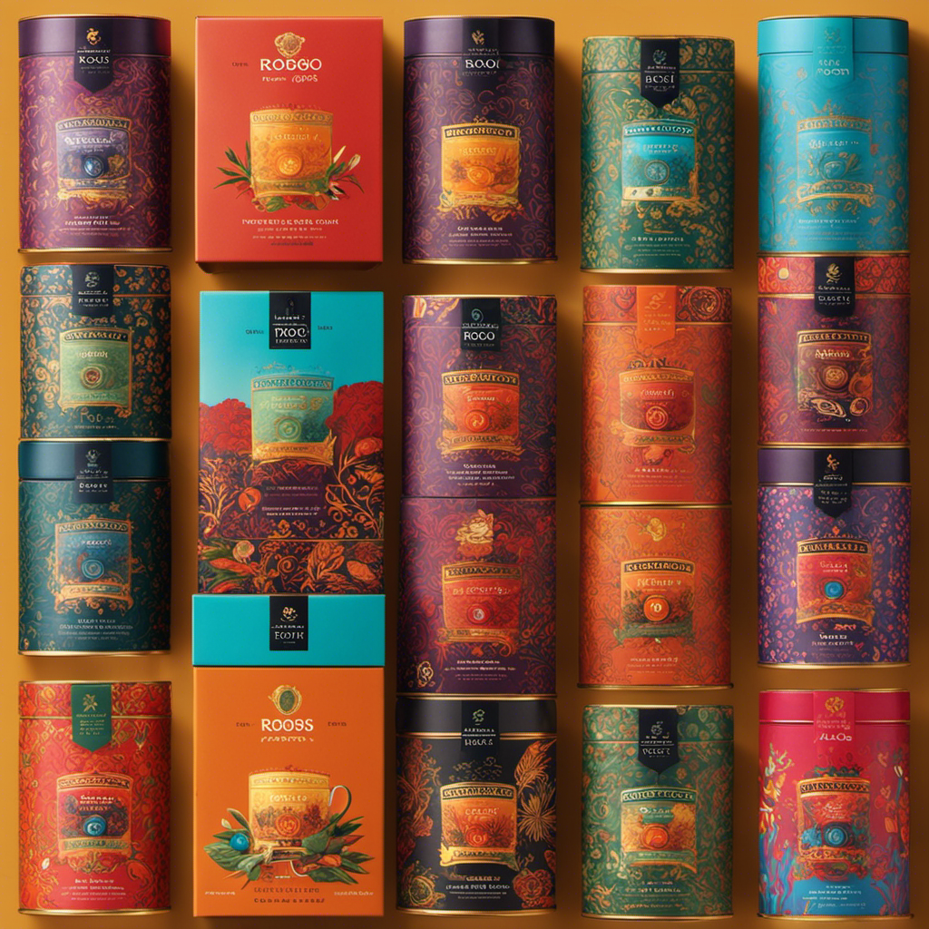 An image showcasing a vibrant assortment of 10 meticulously arranged Rooibos tea packaging designs, each emanating unique colors, patterns, and typography, inviting readers to savor the visual feast awaiting within the blog post