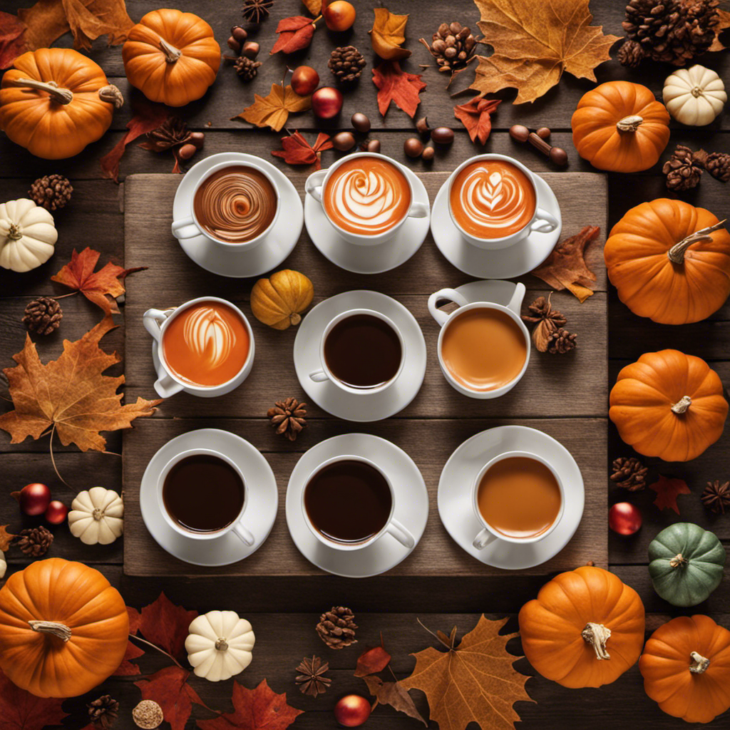 An image showcasing a vibrant autumn scene with a rustic wooden table adorned with ten Nespresso Pumpkin Spice variations