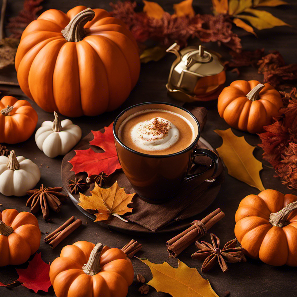 An image showcasing a cozy autumn scene, with a steamy cup of Nespresso Pumpkin Spice coffee as the focal point