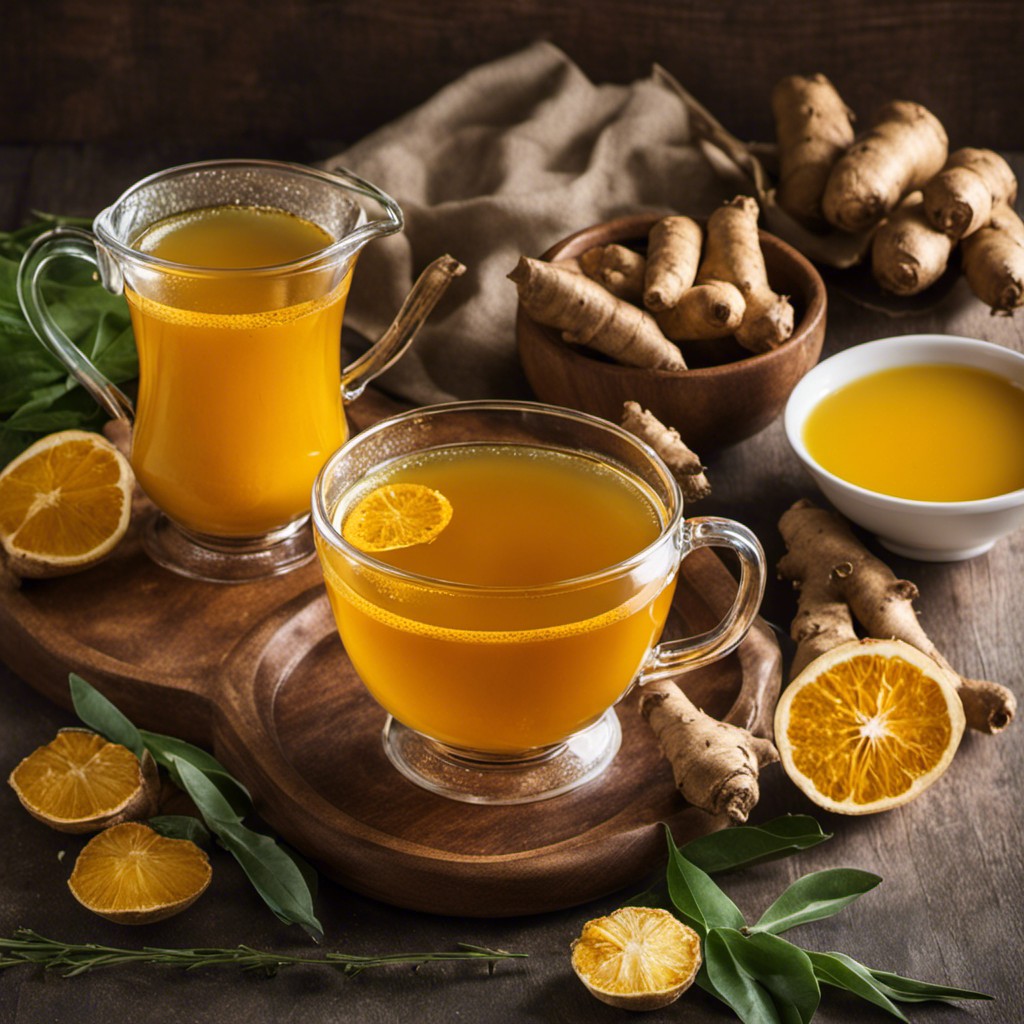 An image showcasing a vibrant yellow cup of Trader Joe's Ginger Turmeric Tea with steam delicately rising, surrounded by fresh ginger and turmeric roots