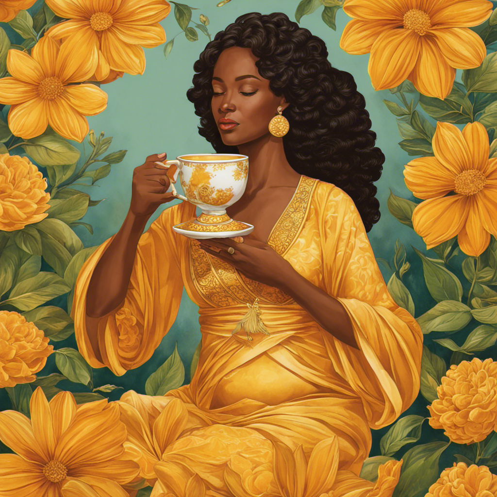An image showcasing a serene expectant mother, cradling a warm cup of Trader Joe's Ginger Turmeric Tea, radiating tranquility and health
