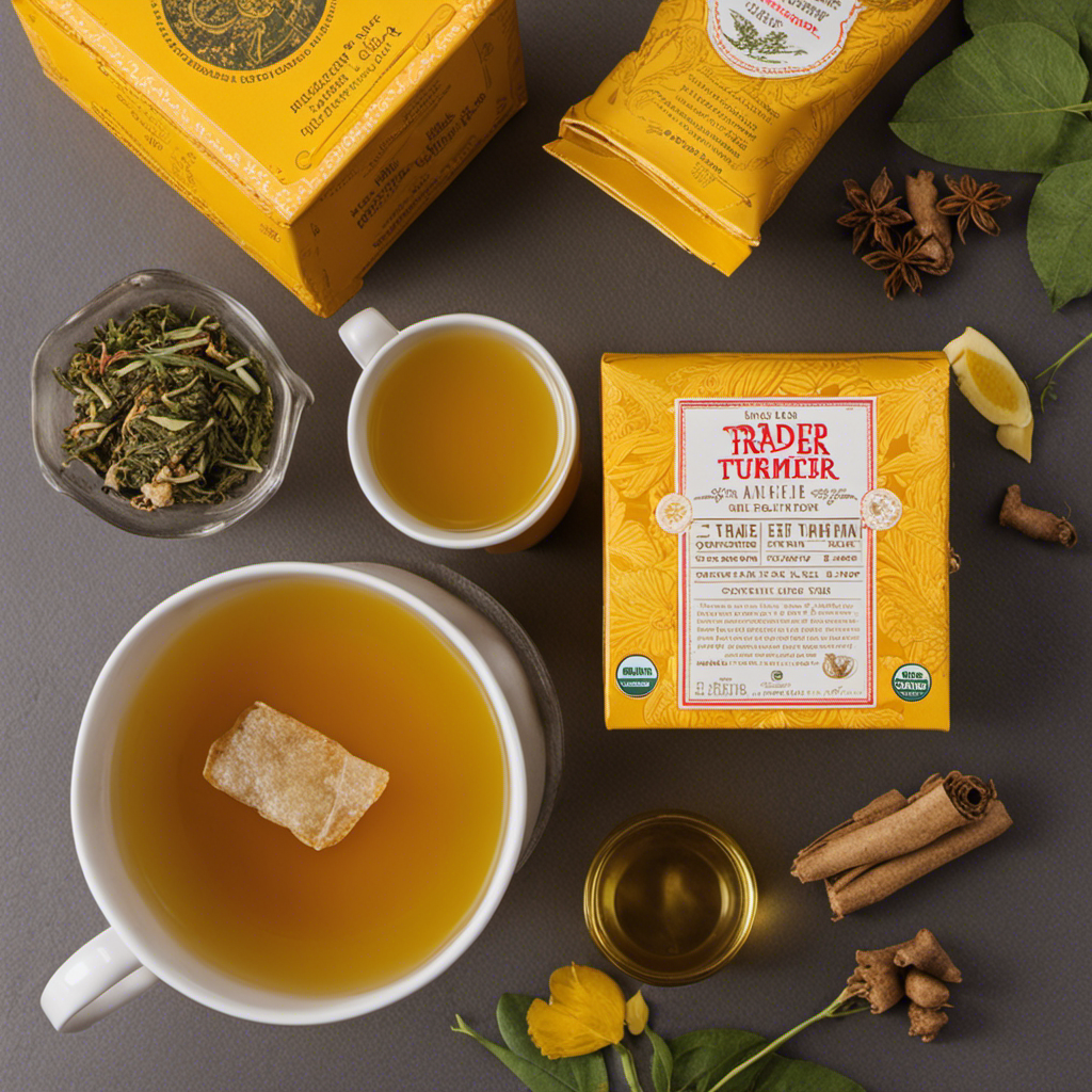a captivating image showcasing a serene cup of Trader Joe's Organic Ginger Turmeric Herbal Tea, delicately steeping in a vibrant yellow mug, surrounded by a beautiful assortment of 20 neatly packaged tea envelopes