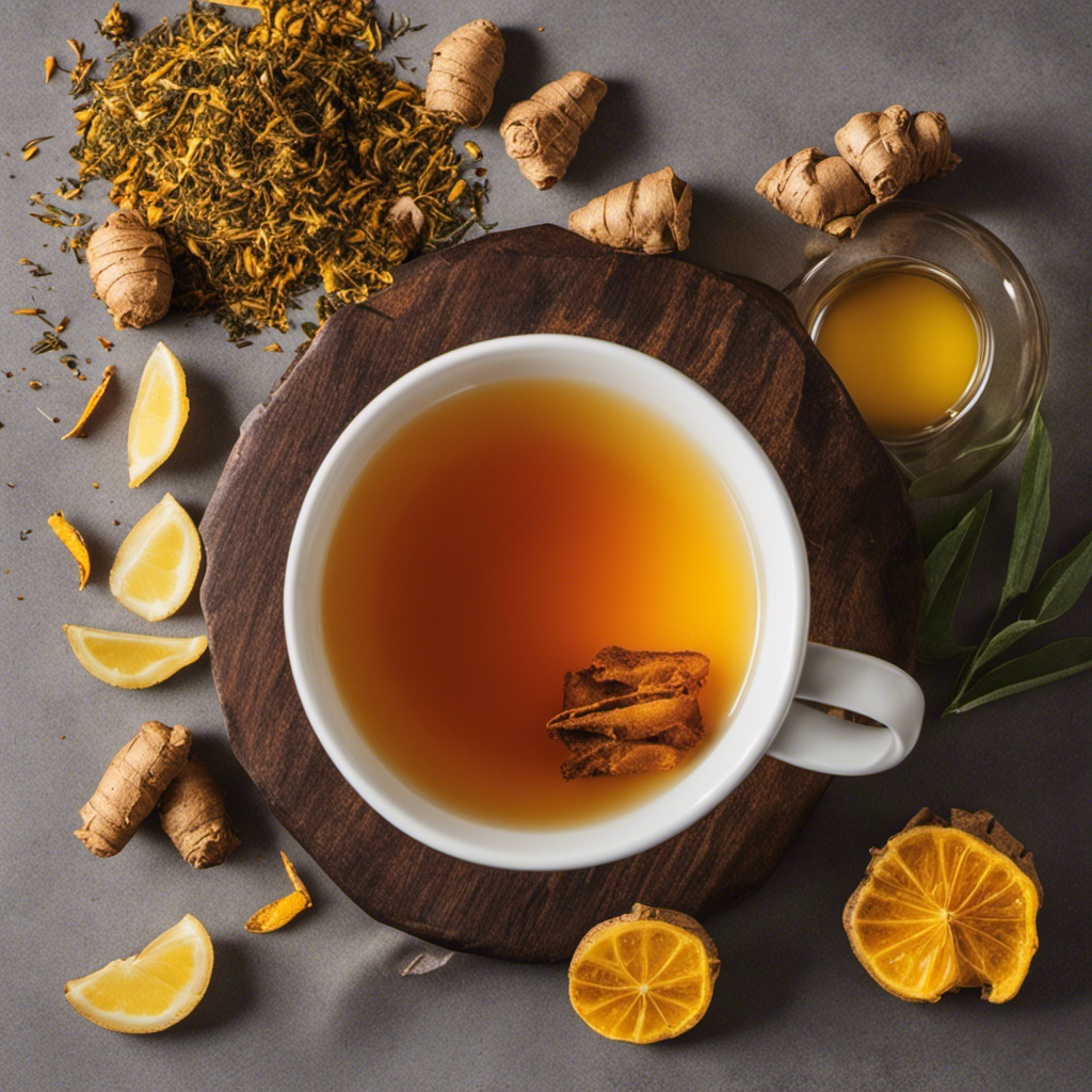 An image showcasing a steaming cup of Trader Joe's Organic Ginger Turmeric Herbal Tea, enveloped in a delicate wisp of steam, with vibrant golden hues emanating from the teabag, invitingly placed on a cozy wooden table