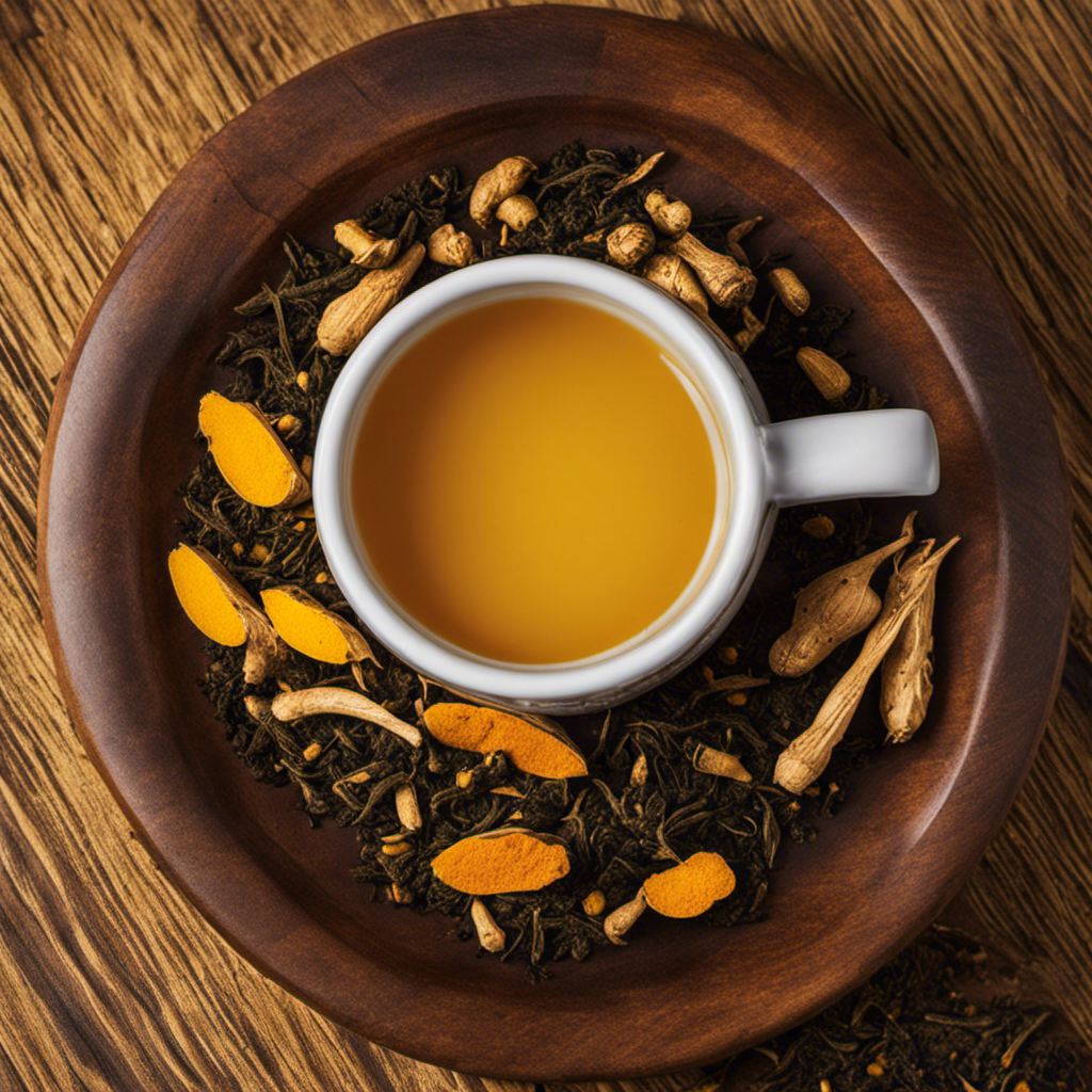 An image showcasing a steaming mug of Trader Joe's Turmeric Tea, surrounded by vibrant, golden turmeric roots, illustrating its rich flavor and inviting warmth