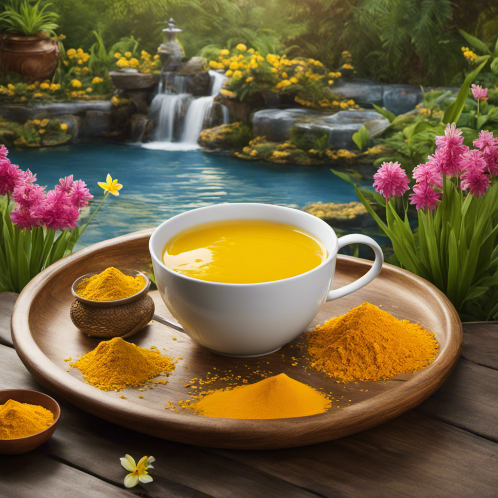 An image showcasing a steaming cup of Traditional Medicinals Turmeric Tea, surrounded by vibrant yellow turmeric roots, and placed near a serene, lush Eastern-inspired garden with blooming flowers and a tranquil water feature