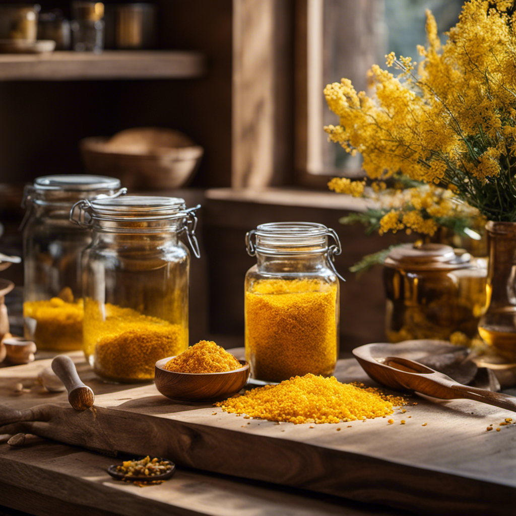 An image of a serene, sunlit kitchen counter with a rustic wooden cutting board, where vibrant yellow turmeric roots and ginger are finely grated, while a glass jar filled with golden-hued fermenting Ukon tea bubbles with effervescence in the background