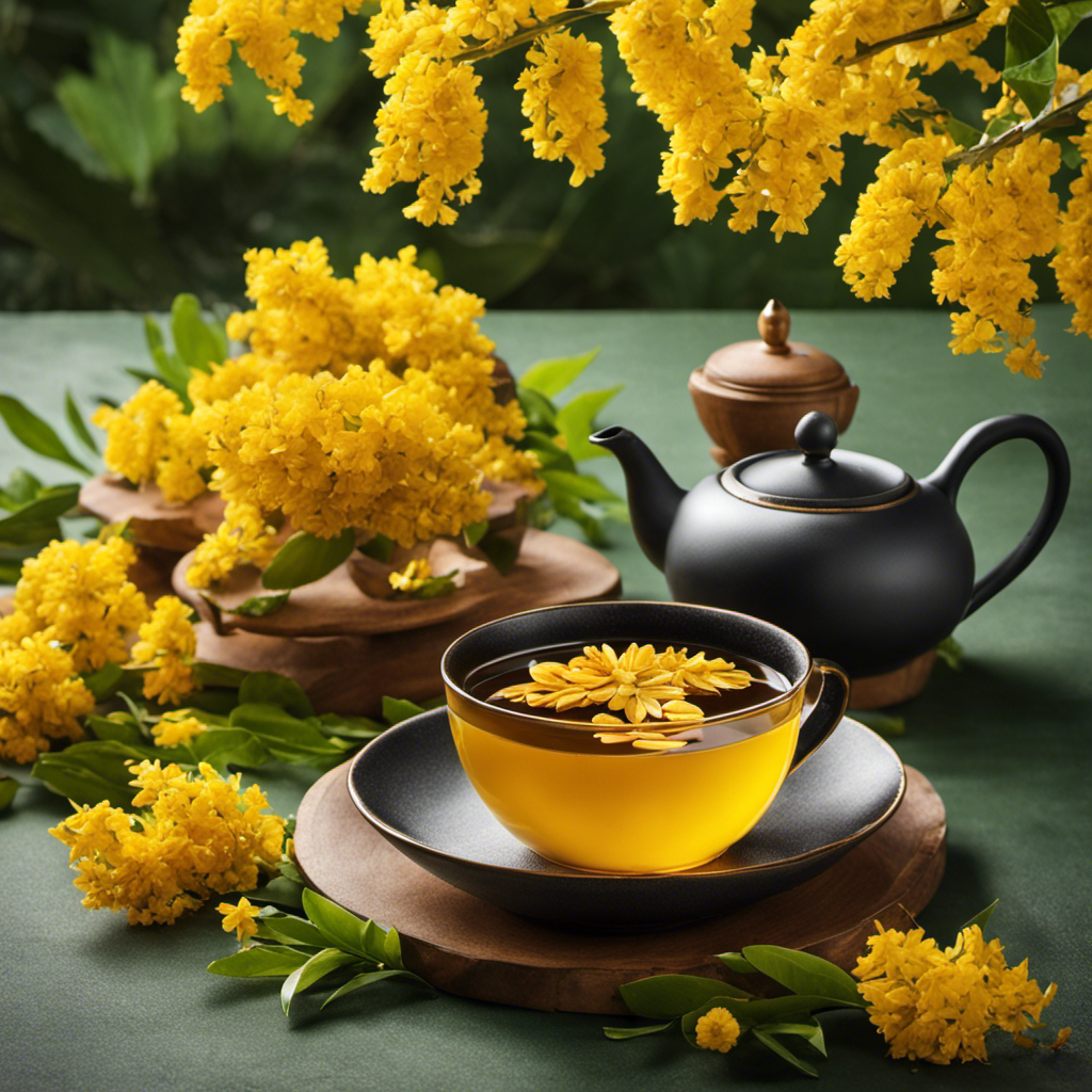 An image that showcases a steaming cup of vibrant golden Tree Turmeric Tea, adorned with freshly plucked leaves and delicate yellow blossoms, beautifully contrasting against a backdrop of lush green foliage