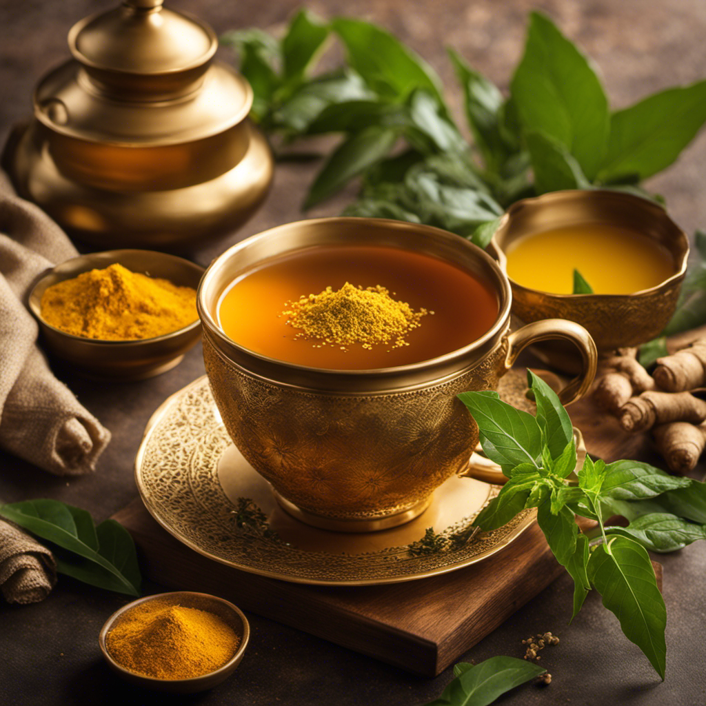 An image that showcases a steaming cup of Tulsi Ginger and Turmeric Tea, adorned with fresh tulsi leaves and ginger slices, exuding a warm golden hue, inviting the viewer to indulge in its healing properties
