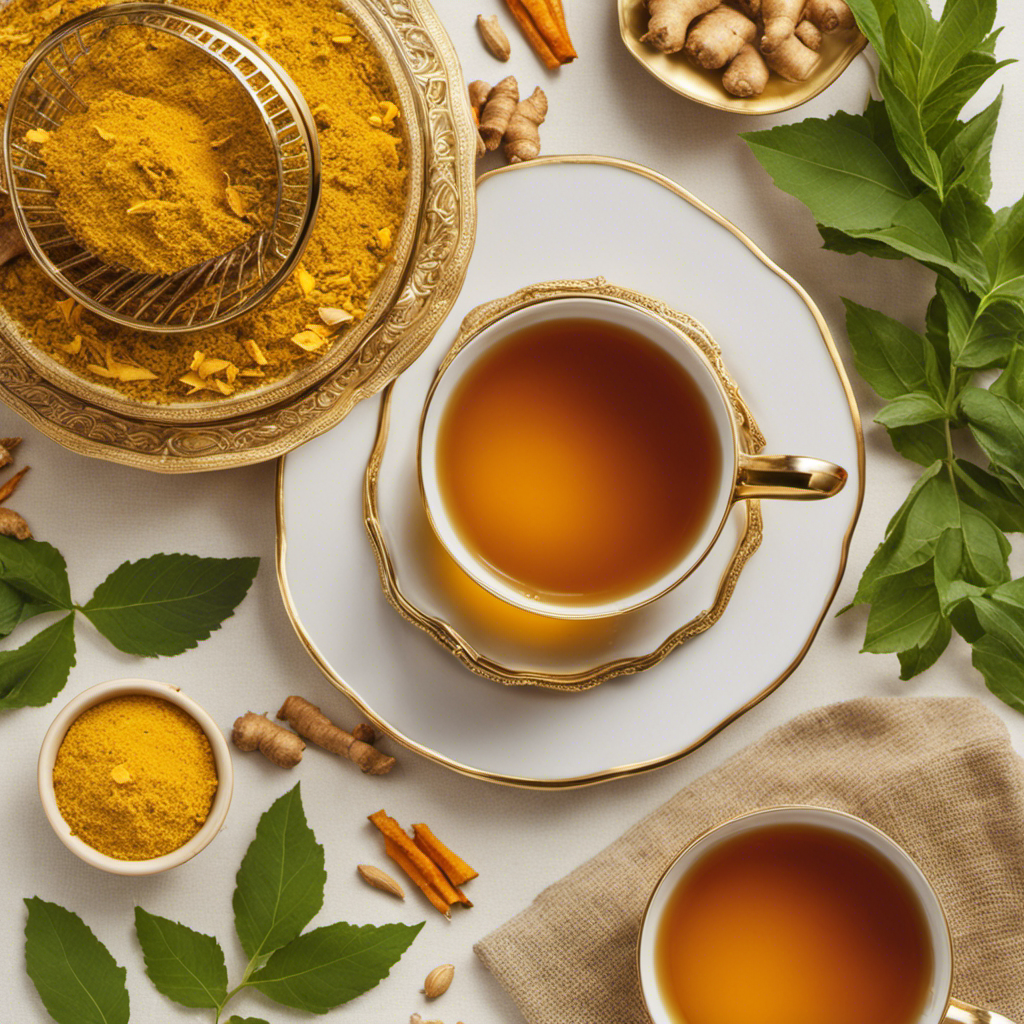 An image that showcases a hot cup of steaming tulsi, ginger, and turmeric tea