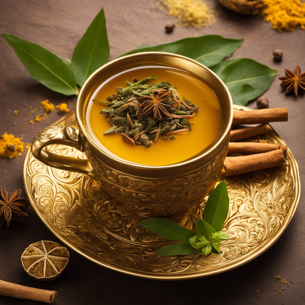 An image showcasing a steaming cup of Tulsi Turmeric Ginger tea, radiating a warm golden hue