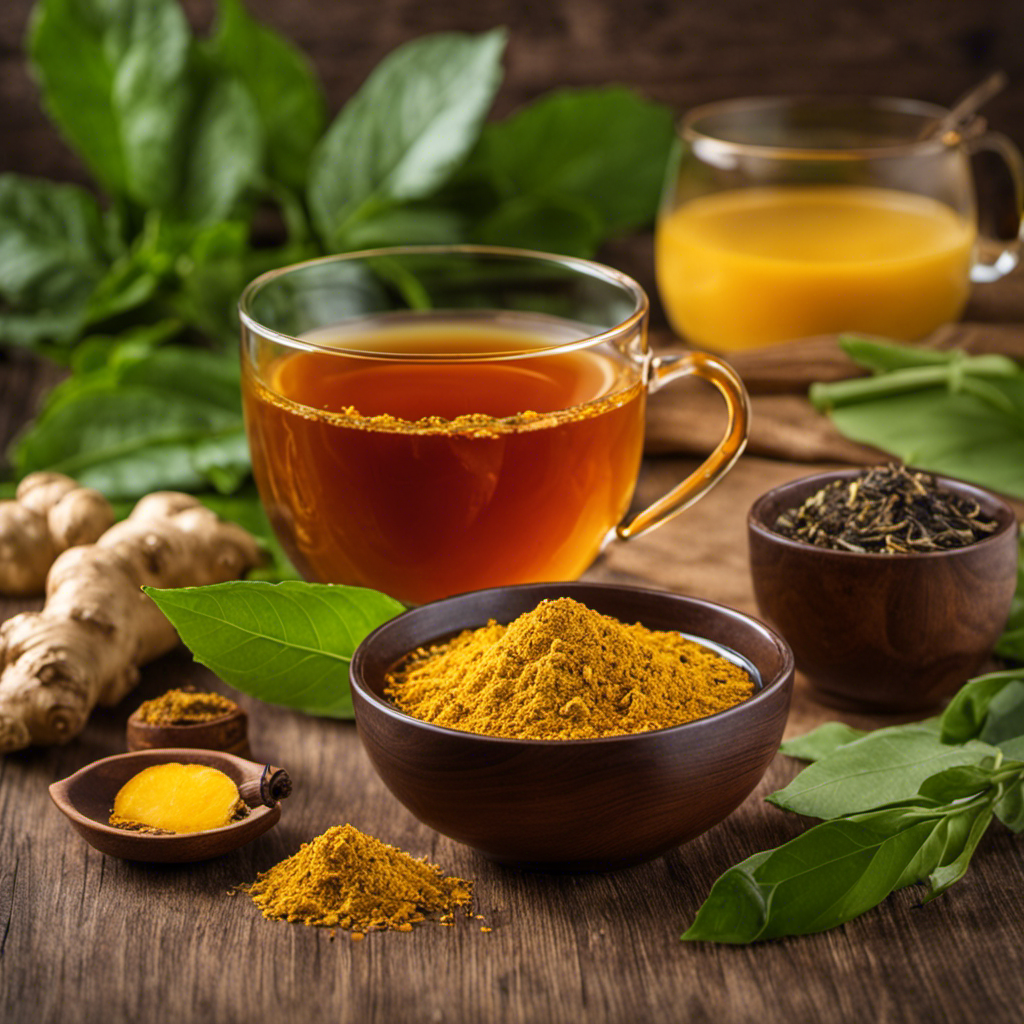 An image showcasing a vibrant, steaming cup of Tulsi Turmeric Ginger Tea, radiating warmth and inviting relaxation