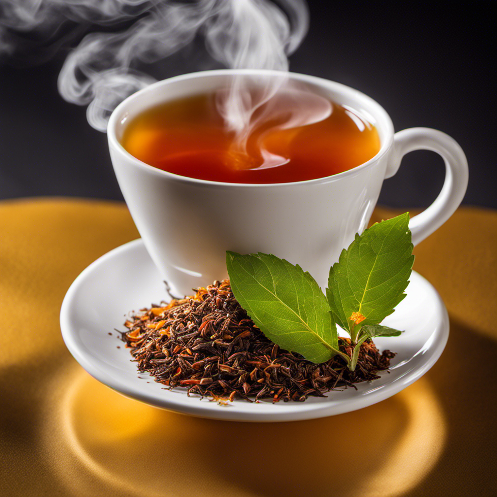 An image showcasing the vibrant hues of Tulsi Turmeric Rooibos tea, with steam rising from a cup