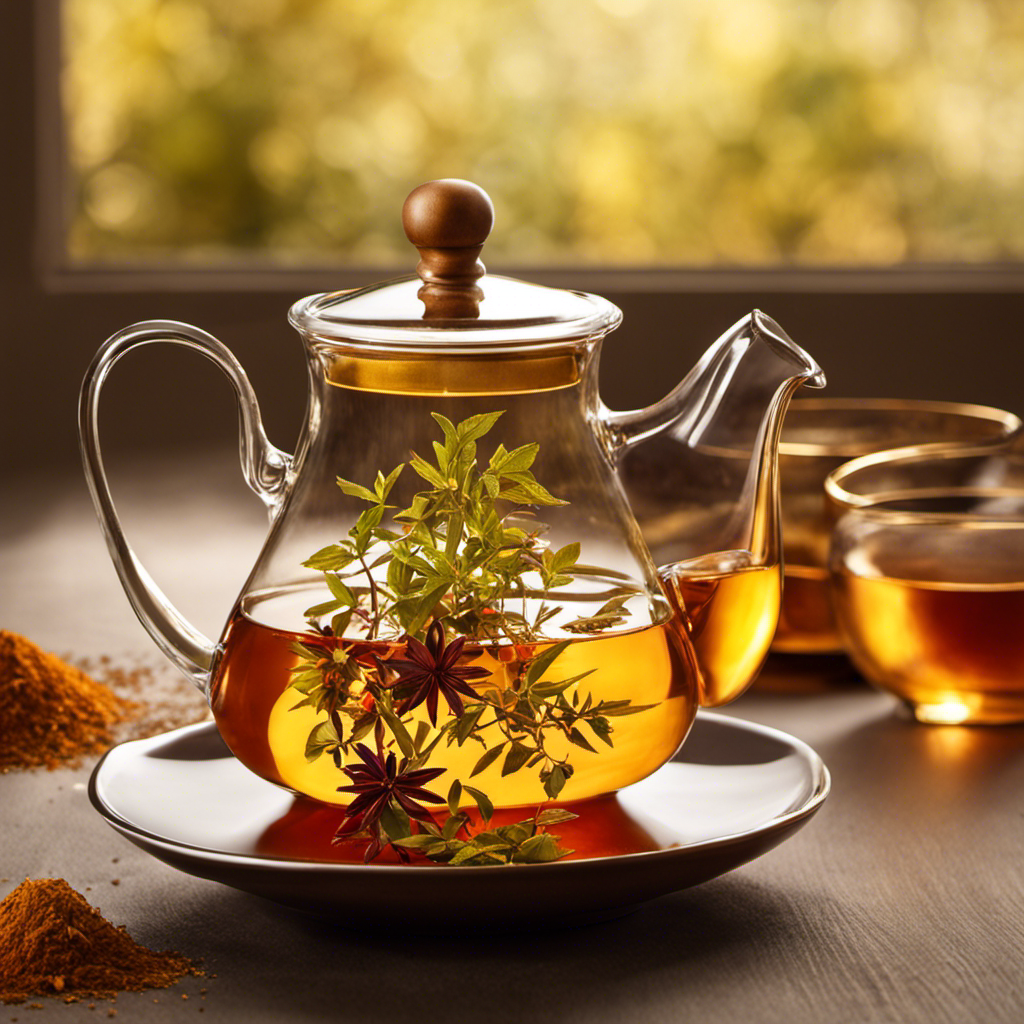 Nt and aromatic cup of Tulsi Turmeric Rooibos Tea steeps in a delicate glass teapot, casting a warm, golden hue