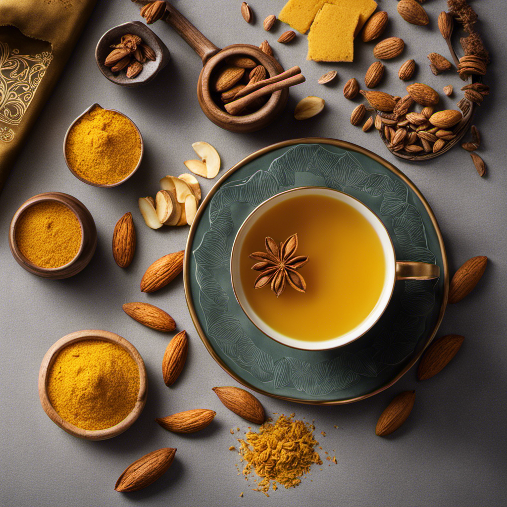 An image that showcases a steaming cup of Turmeric Almond Tea, capturing its vibrant golden hue