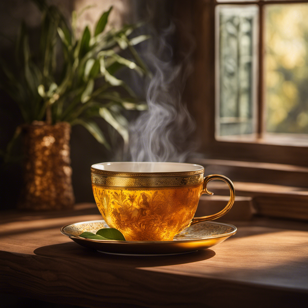 An image showcasing a steaming cup of golden turmeric and bay leaf tea, gently infused with vibrant hues