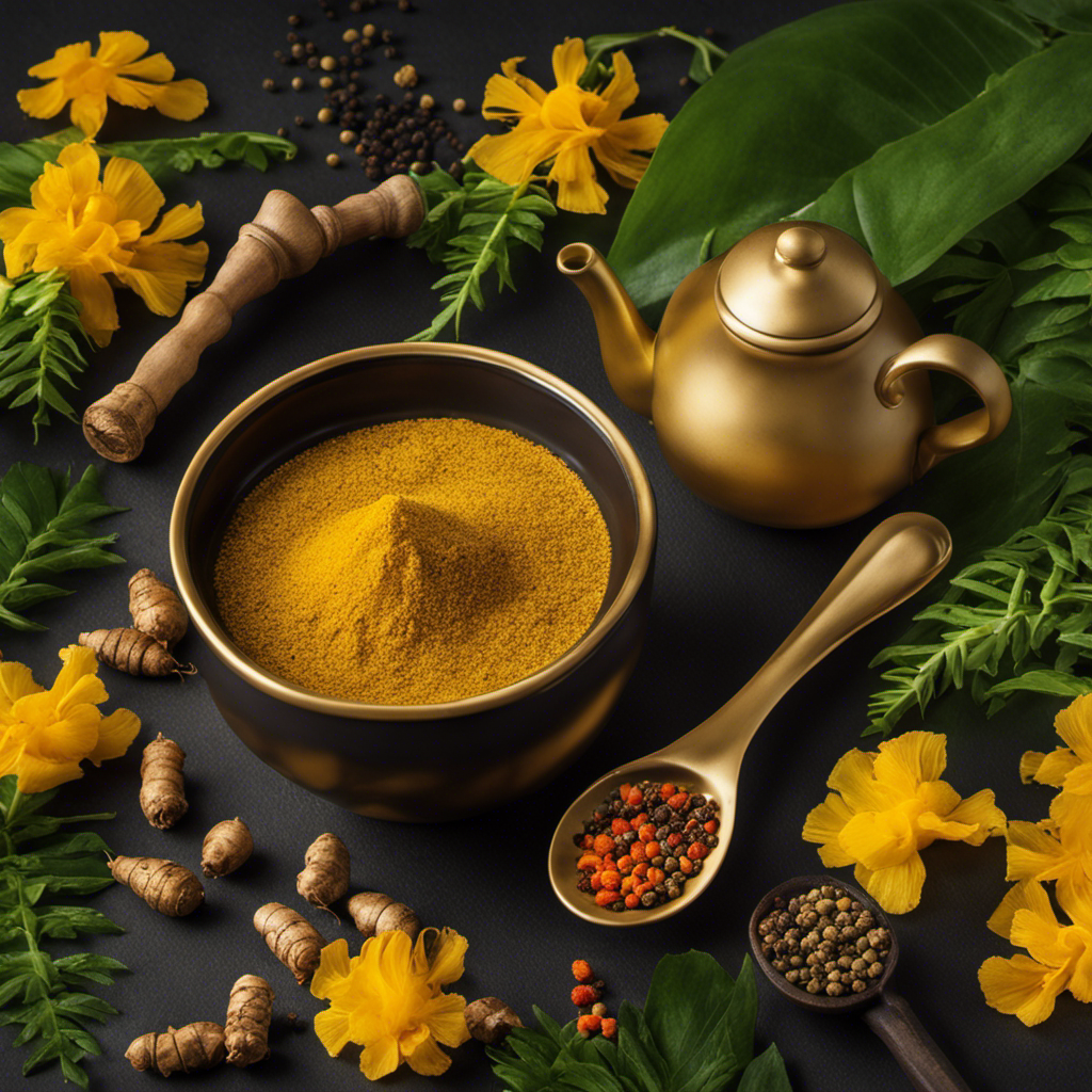 An image showcasing a steaming cup of golden Turmeric and Black Pepper and Ginger Tea, adorned with vibrant yellow turmeric roots and freshly ground black pepper, surrounded by a lush green backdrop