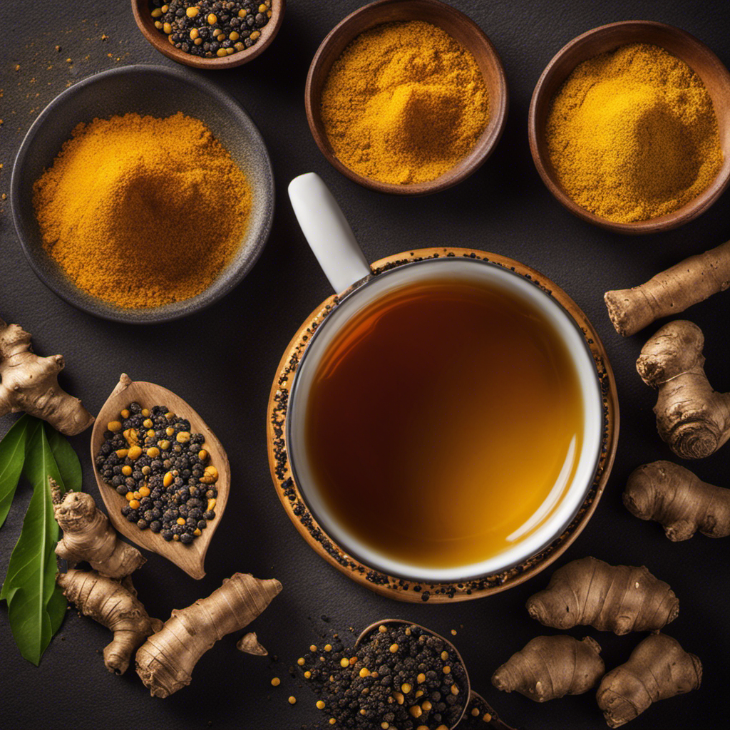 An image showcasing a steaming mug of golden Turmeric and Black Pepper and Ginger Tea