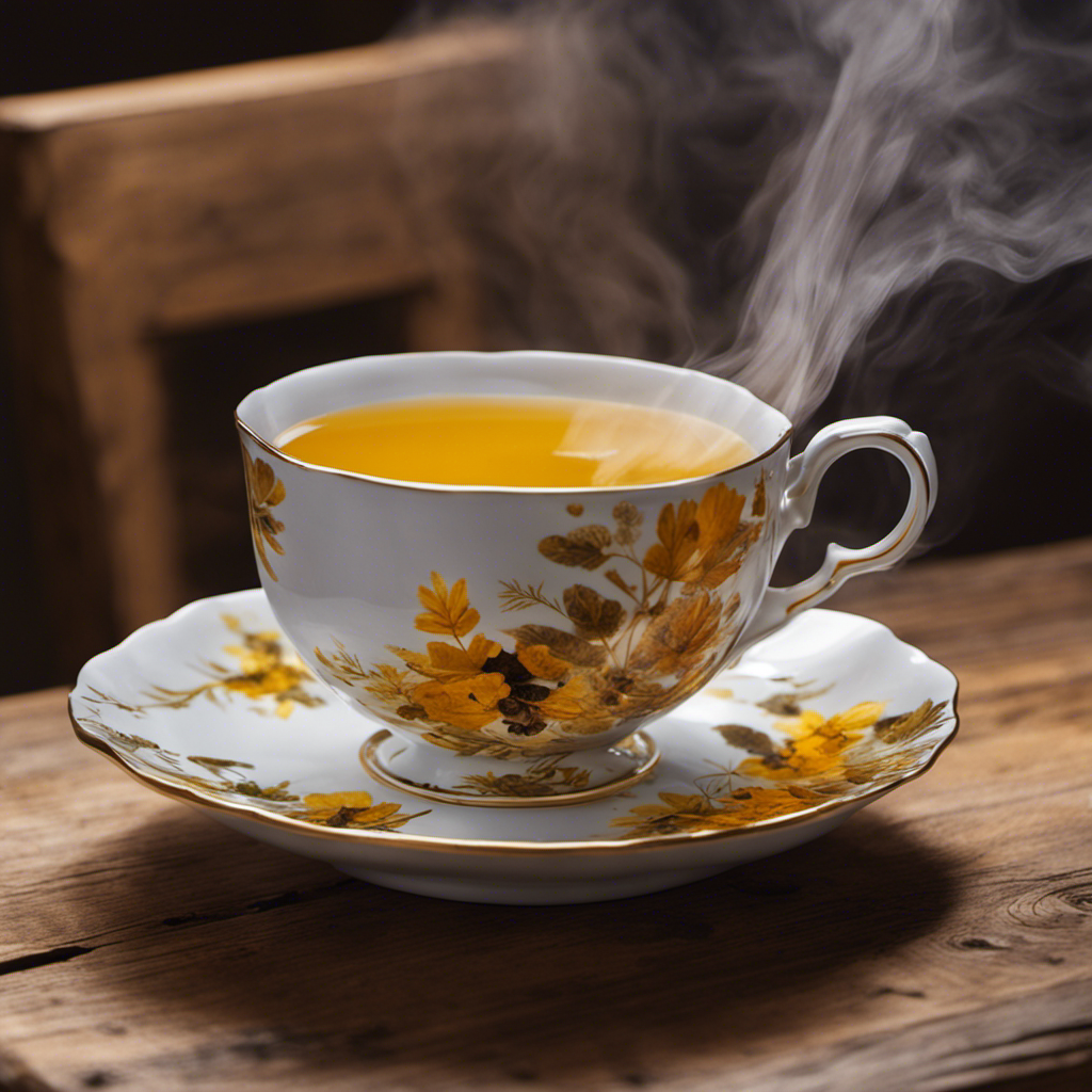 An image capturing the serene morning scene of a hand-painted porcelain teacup filled with vibrant golden Turmeric and Black Pepper Tea, steam gently rising, nestled on a rustic wooden table