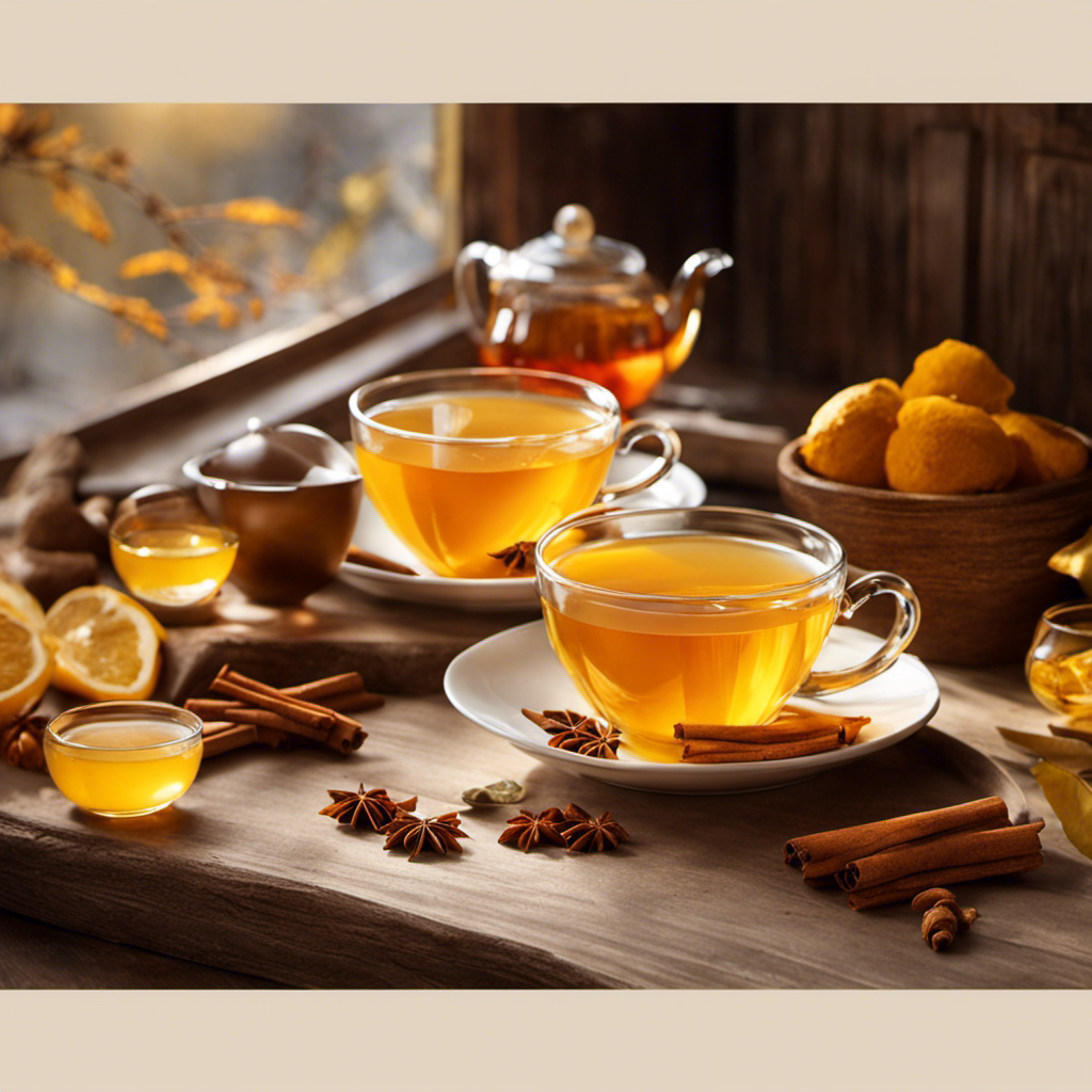 An image showcasing a steaming cup of golden turmeric and cinnamon tea, gently infused with the warm hues of autumn