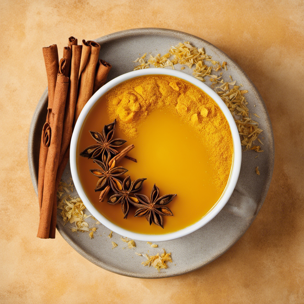 An image showcasing a steaming mug of golden Turmeric and Cinnamon Tea, with vibrant hues and delicate swirls of spices dancing in the steam, evoking a sense of warmth, health, and weight loss