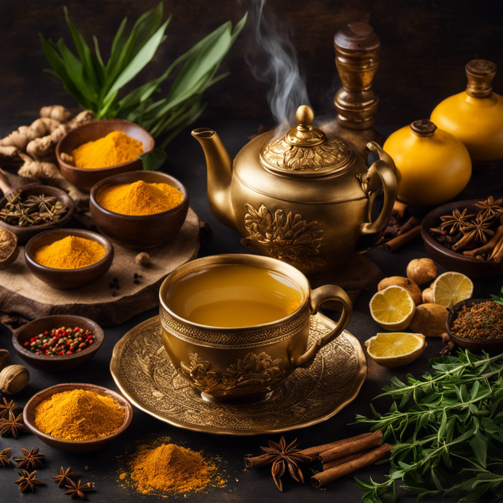 An inviting image showcasing a steaming cup of golden Turmeric and Cumin Tea, surrounded by vibrant whole spices and fresh herbs