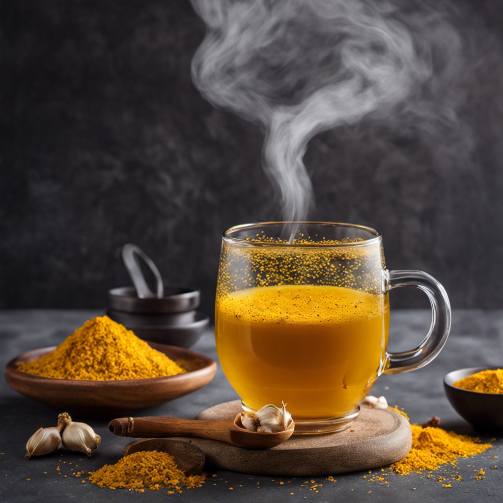 An image showcasing a vibrant yellow turmeric tea in a clear glass mug, with crushed garlic cloves floating on top