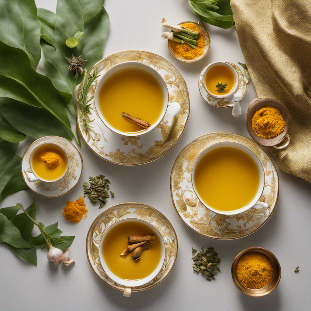 An image capturing the vibrant golden hues of freshly brewed turmeric and garlic tea, gently steaming in a delicate porcelain cup