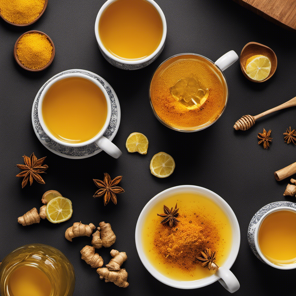 An image showcasing a steaming mug of golden Turmeric and Ginger Root Tea adorned with a drizzle of sweet honey