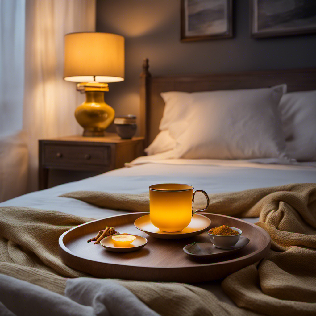 An image capturing a serene bedroom scene at dusk: a steaming cup of golden turmeric and ginger tea rests on a nightstand adorned with a cozy blanket, softly lit by a warm bedside lamp