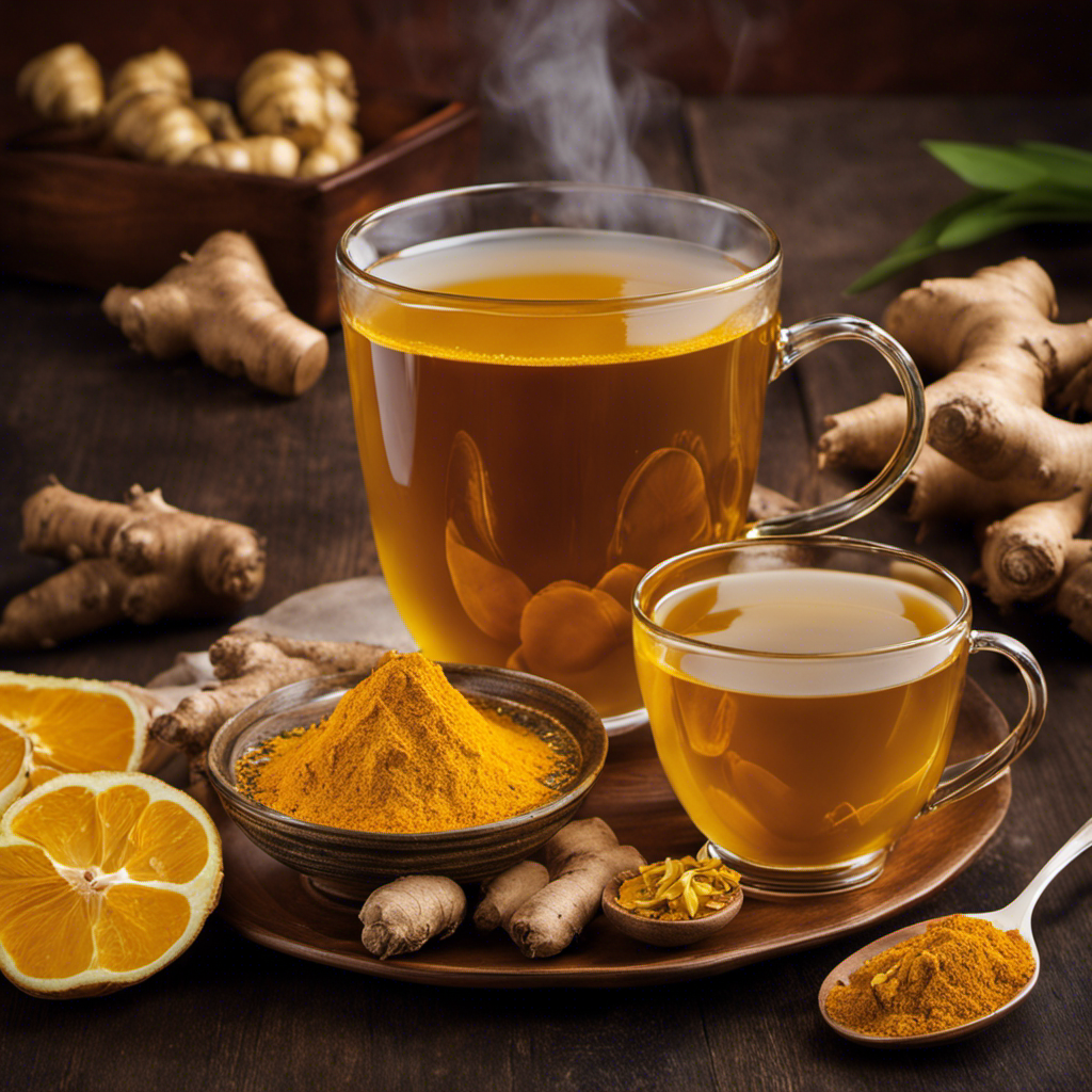 An image showcasing a steaming cup of golden Turmeric and Ginger Tea, surrounded by fresh ginger slices and vibrant turmeric roots