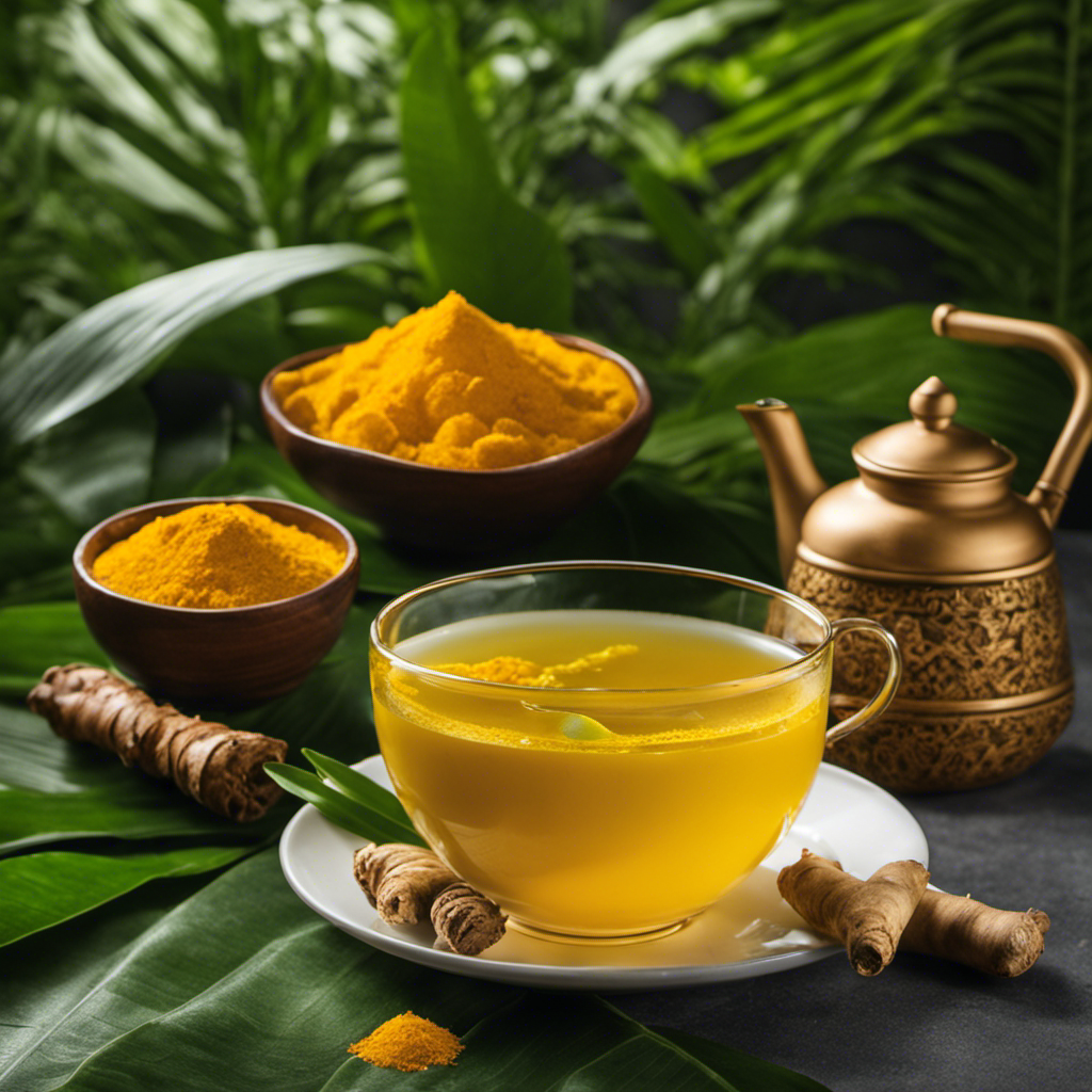An image showcasing a steaming cup of vibrant yellow Turmeric and Ginger Tea Filipino, garnished with fresh ginger slices and a sprinkle of turmeric powder, set against a backdrop of tropical green leaves