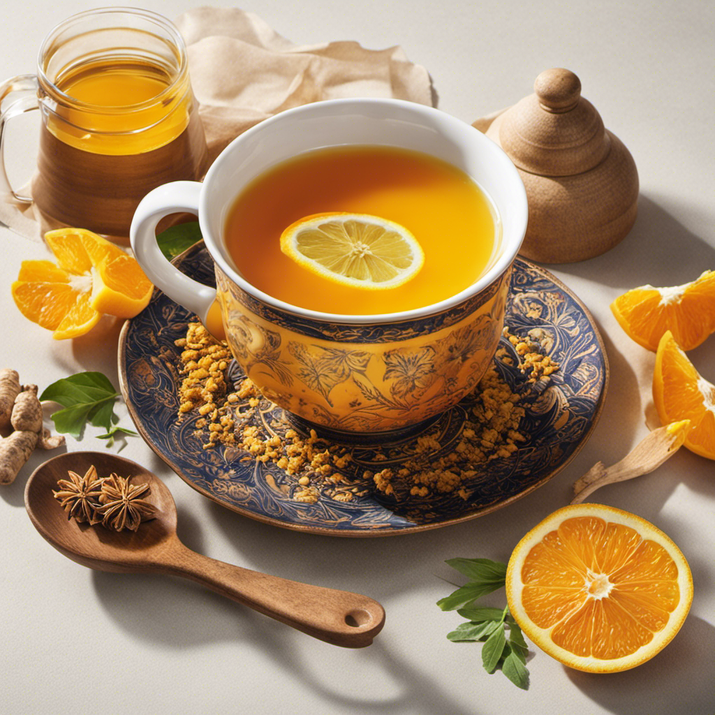 An image showcasing a steaming mug of turmeric and ginger tea, infused with vibrant yellow and orange hues