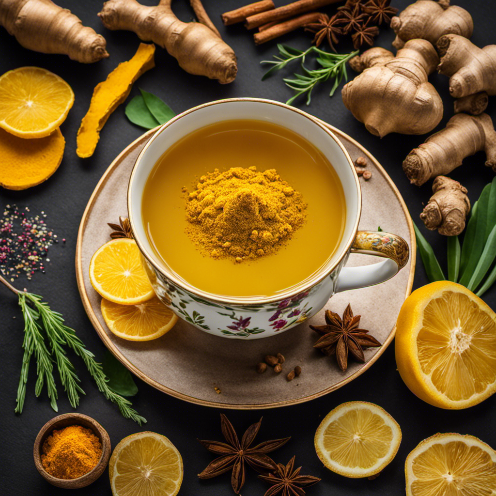 An image of a steaming cup of golden turmeric and ginger tea, with vibrant slices of fresh ginger and a sprinkle of turmeric powder on top, surrounded by colorful spices and herbs