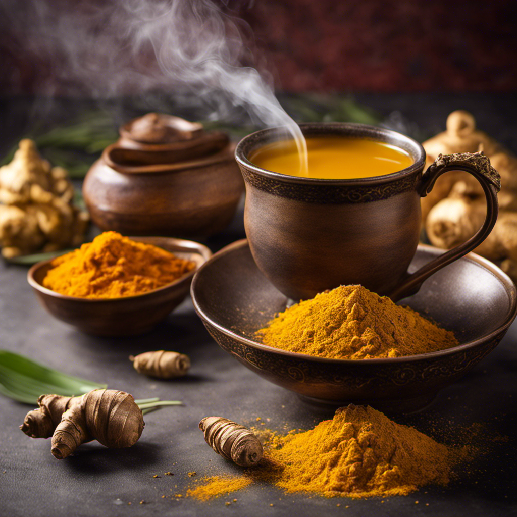An image showcasing a steaming mug of turmeric and ginger tea, with golden hues emanating from the cup