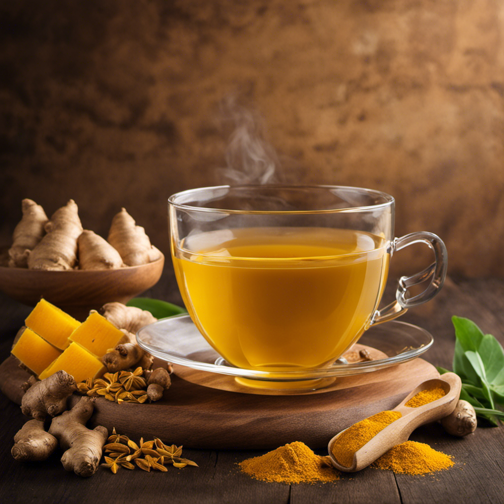 An image showcasing a steaming cup of vibrant yellow turmeric and ginger tea