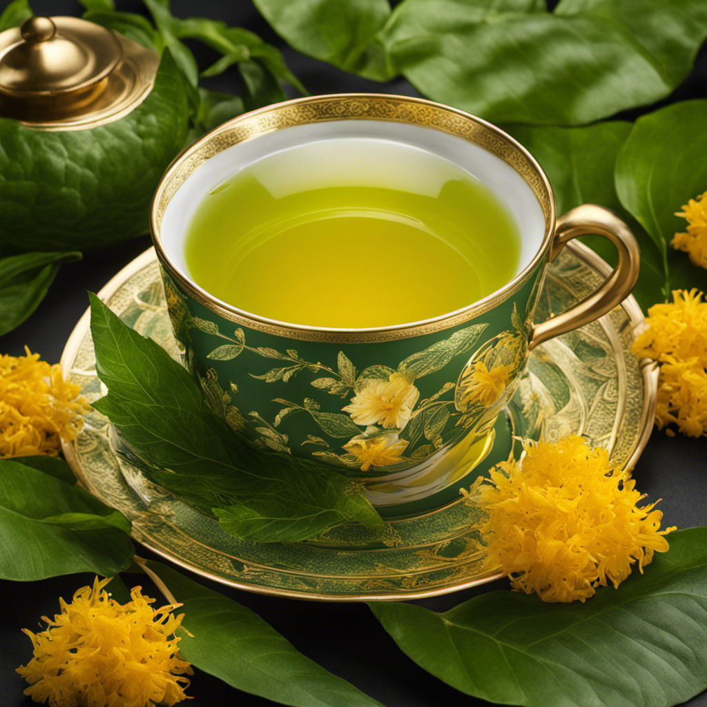 An image showcasing a vibrant cup of steaming green tea infused with golden turmeric, emitting a warm glow