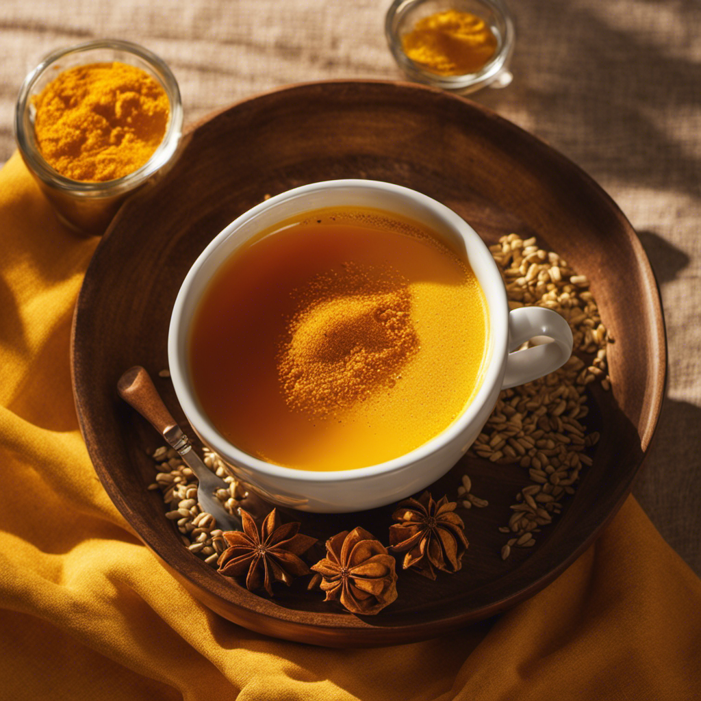 An image showcasing a warm, golden mug filled with steaming turmeric and honey tea
