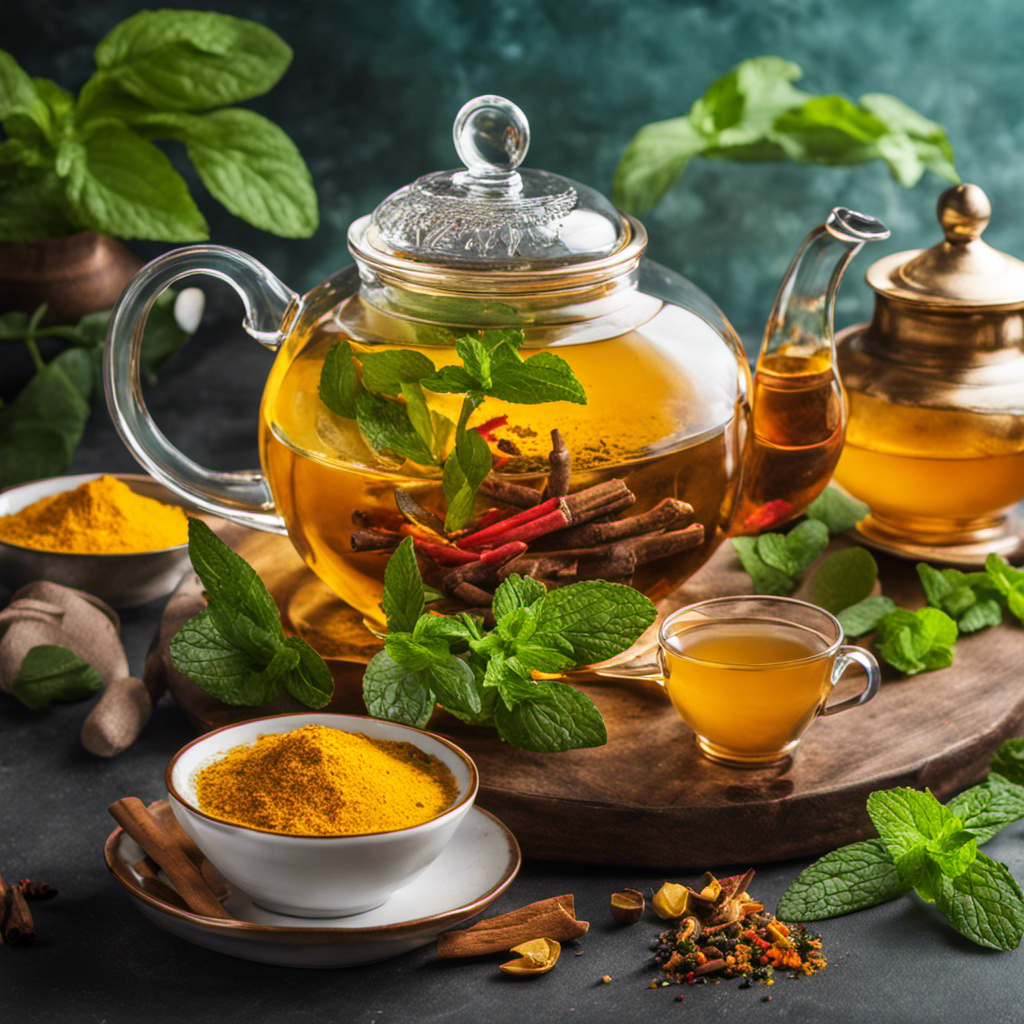 An image showcasing a steaming cup of vibrant golden turmeric and mint tea