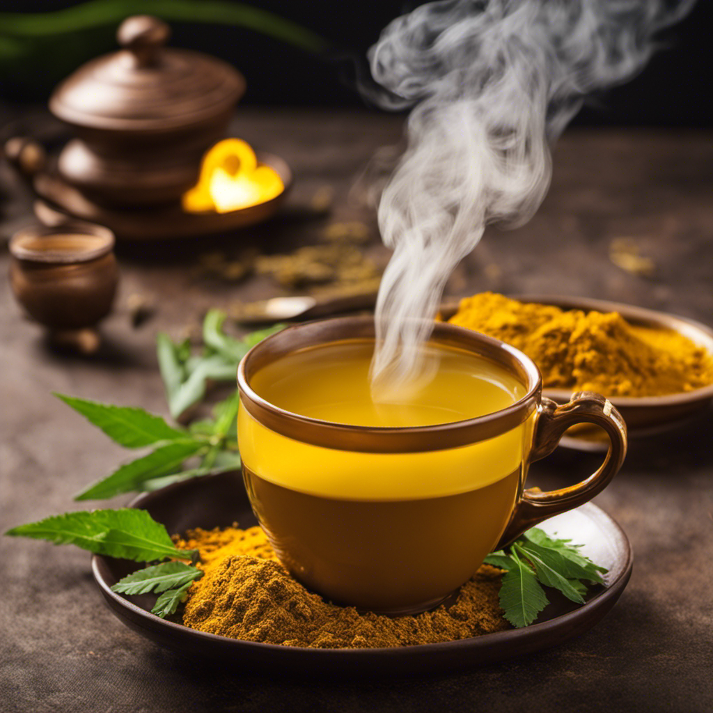 An image showcasing a steaming cup of Turmeric and Neem Tea, infused with vibrant yellow hues