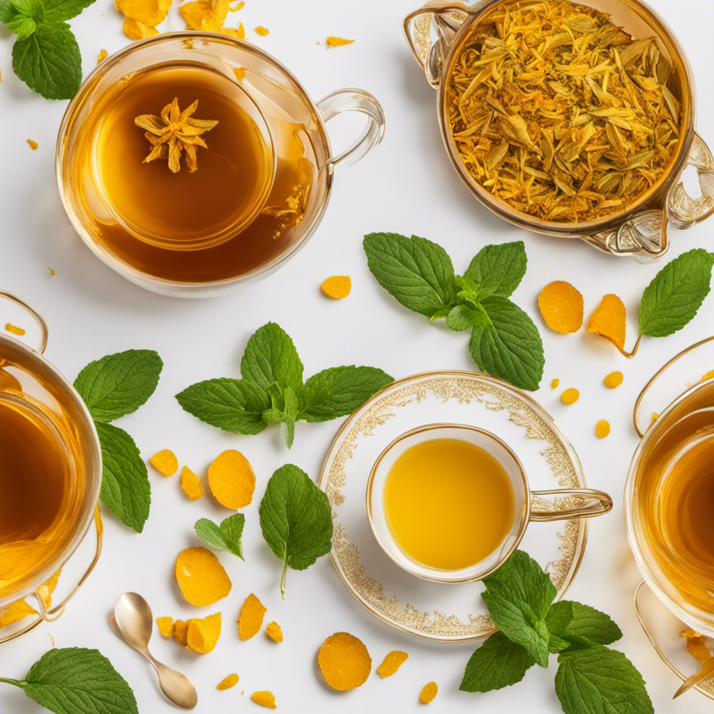 An image showcasing a steaming cup of vibrant golden turmeric and peppermint tea